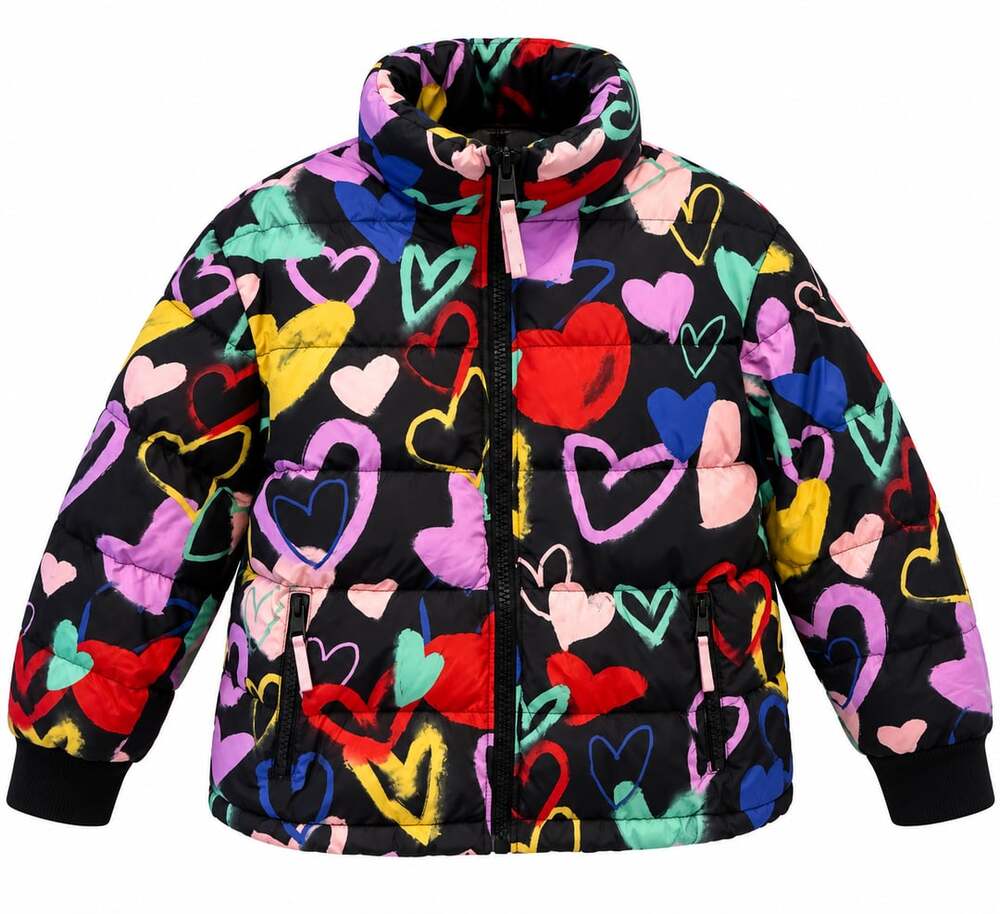 Wild Fable Puffer Jacket Black Multicolor Hearts